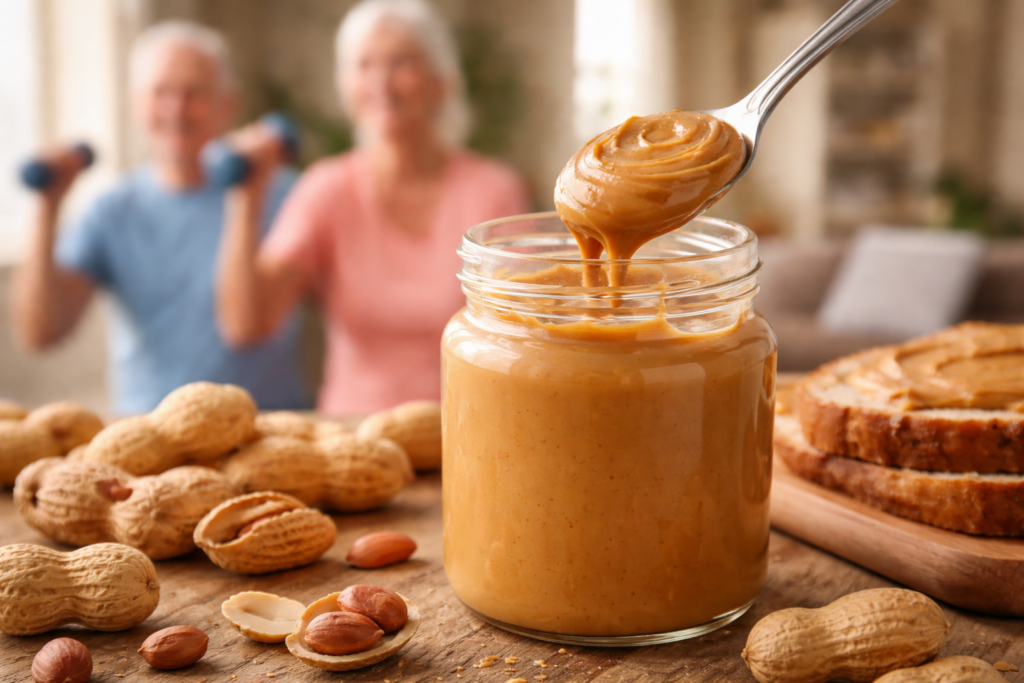 Peanut Butter Improves Muscles in Older Adults: Just Three Spoonfuls a Day. Could peanut butter be the secret to strengthening muscles in old age? Peanut Butter Improves Muscles in Older Adults: Just Three Spoonfuls a Day. Could peanut butter be the secret to strengthening muscles in old age? Photo.