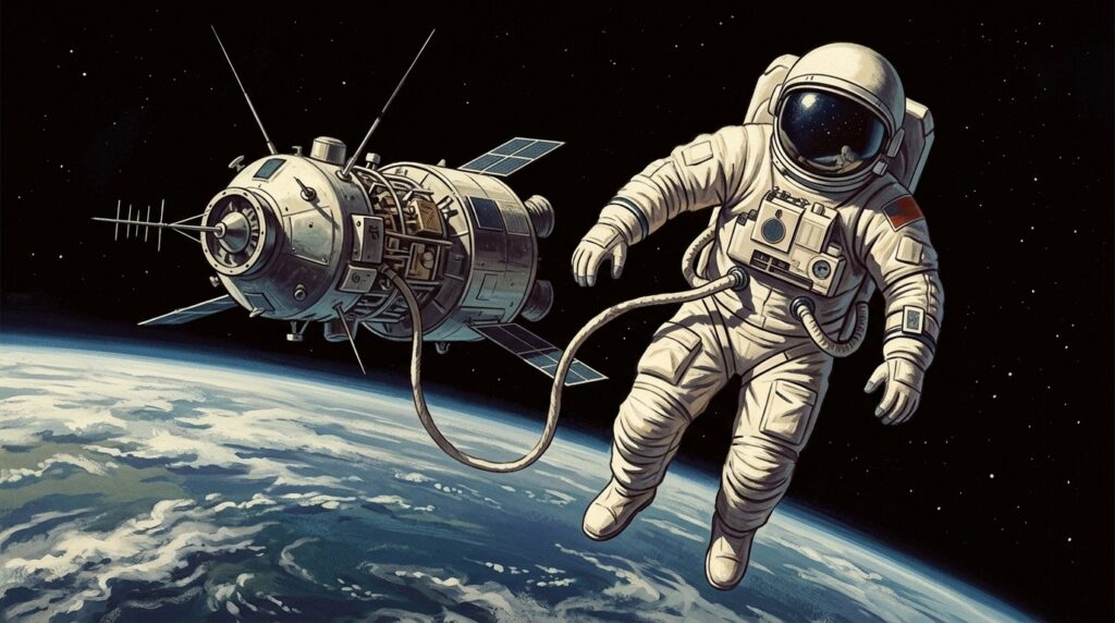 Alexei Leonov in open space — the first person to find himself alone in the vacuum