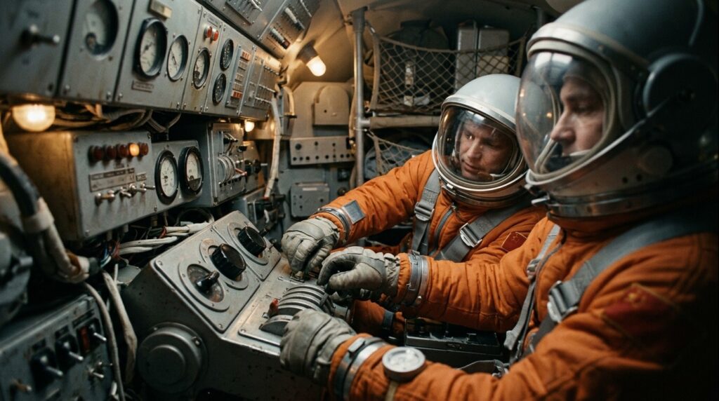 The cramped cabin of Voskhod-2, where the cosmonauts had to manually control the landing