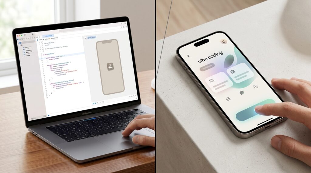 Two paths for creating apps: through Xcode on Mac and through vibe coding on iPhone