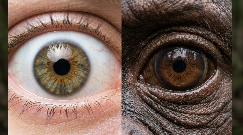 A human eye with a bright white sclera and a chimpanzee eye with a dark one — the difference is immediately visible. Photo.