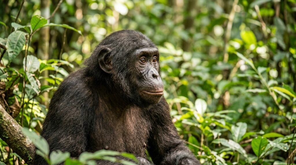 In bonobos, the sclera is noticeably lighter than the iris — the contrast allows tracking gaze direction. Photo.