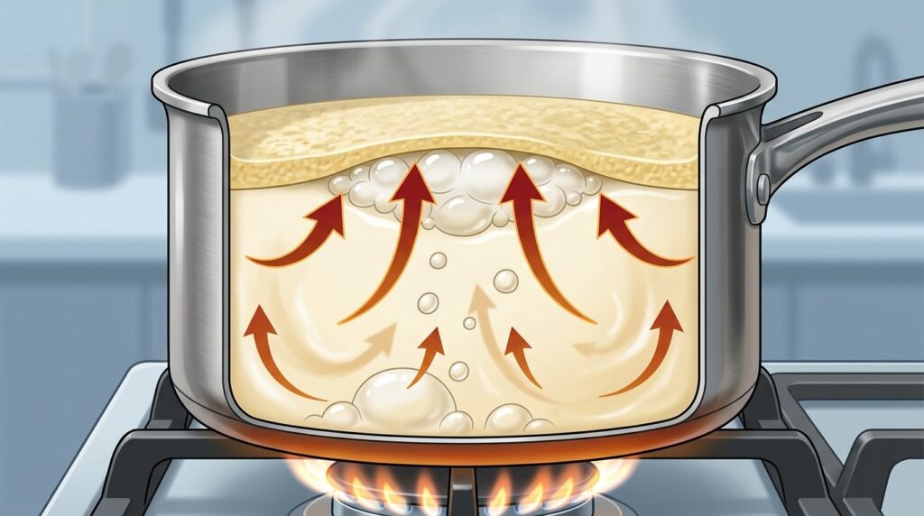 Diagram of what happens inside the pot: steam cannot pass through the film of proteins and fats