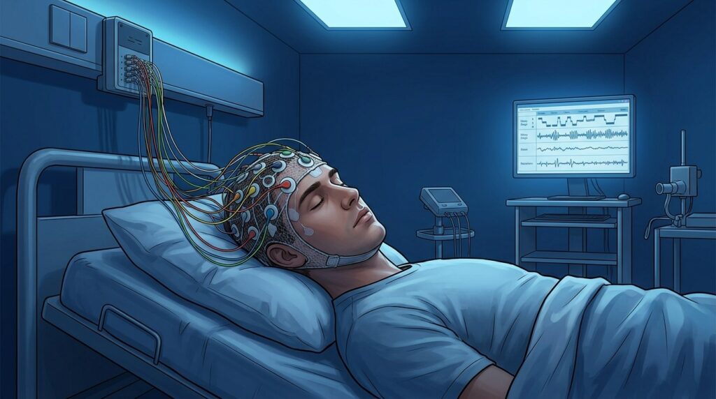 A study participant sleeping in a laboratory with EEG sensors