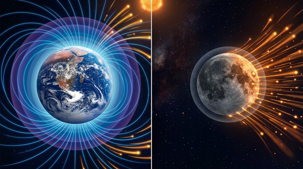 Earth is protected by both gravity and a magnetic shield. The Moon lacks both advantages. Photo.