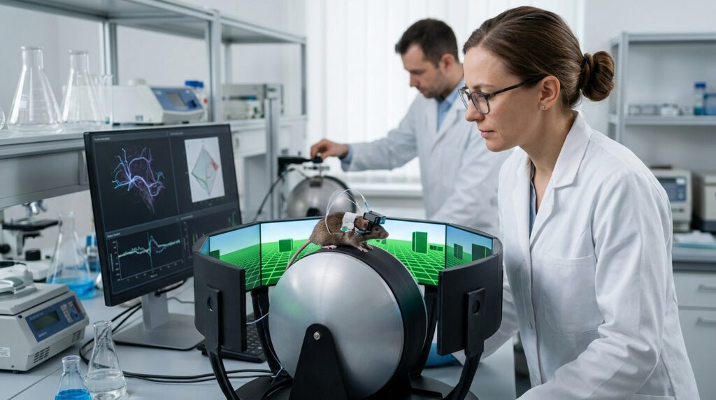 Laboratory experiment with mice in a virtual reality system. Photo.