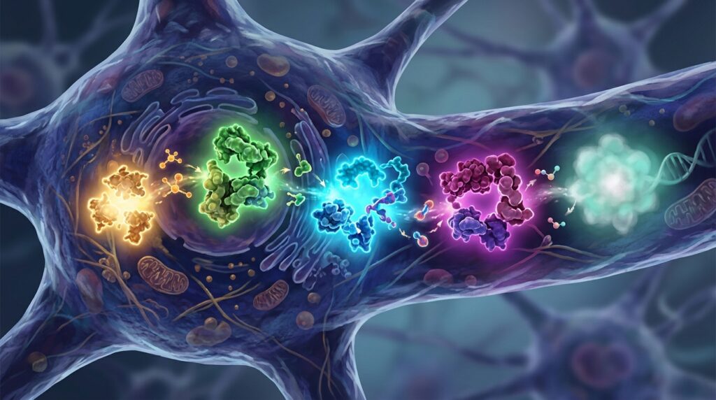 Conceptual illustration of a cascade of molecular timers inside a neuron. Photo.