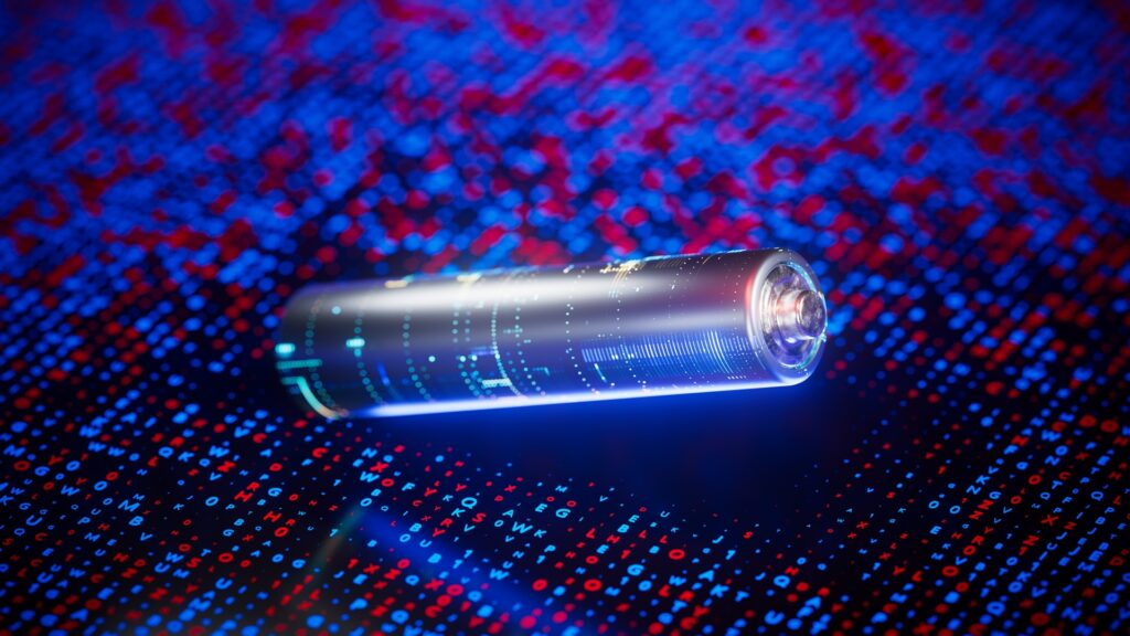 Schematic diagram of a lithium-ion battery with a liquid electrolyte that poses a fire hazard