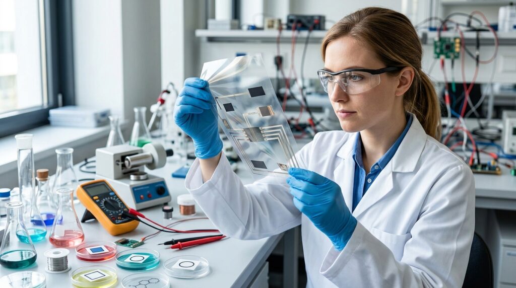 Researcher with a thin polymer film — a potential electrolyte for safe batteries