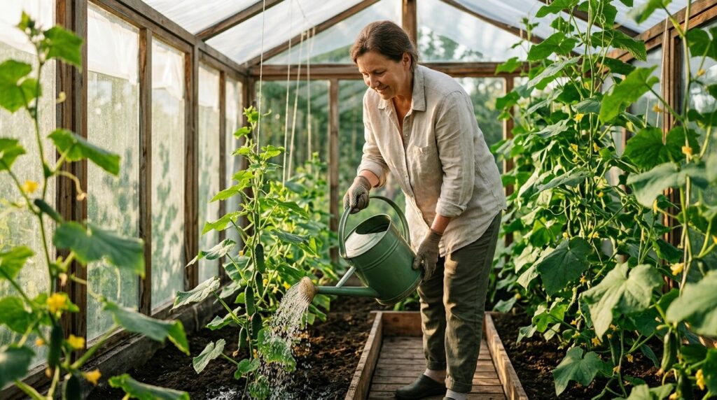 Regular watering with warm water is the main protection against bitter cucumbers. Photo.