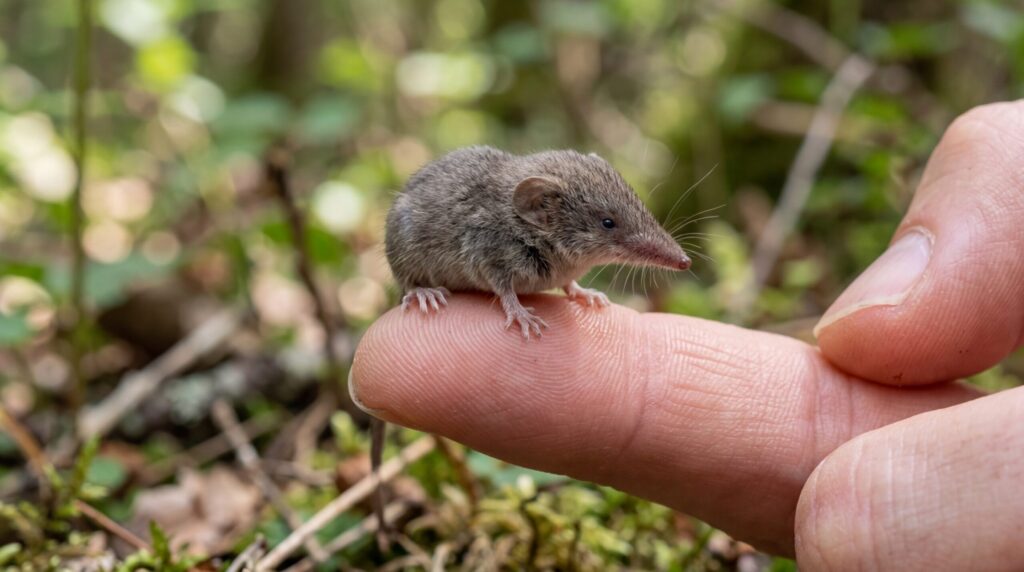 Etruscan shrew on the tip of a human finger — the smallest mammal on the planet
