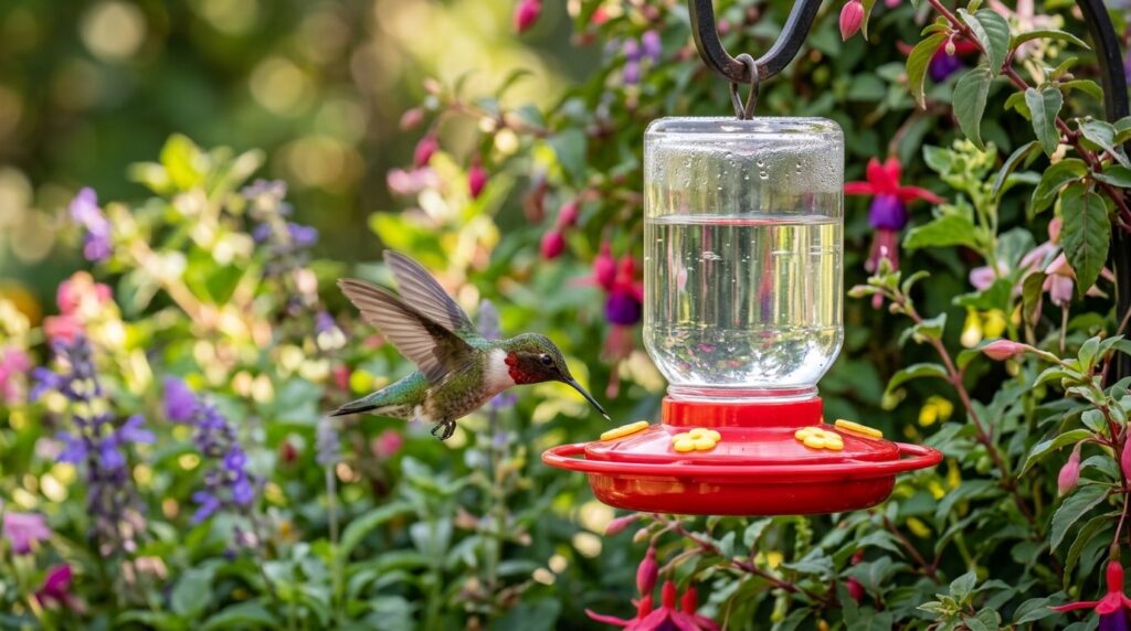 A hummingbird at a feeder with clear sugar syrup — the red color is only needed on the feeder itself