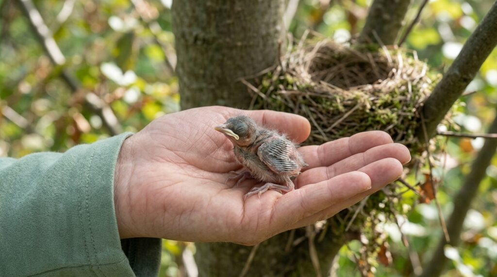 A chick that has fallen from the nest can be carefully returned — its mother won't abandon it