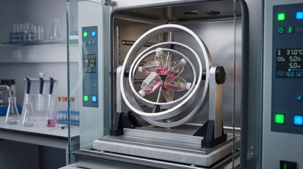 3D clinostat — a device that simulates weightlessness by rotating samples in multiple planes. Photo.