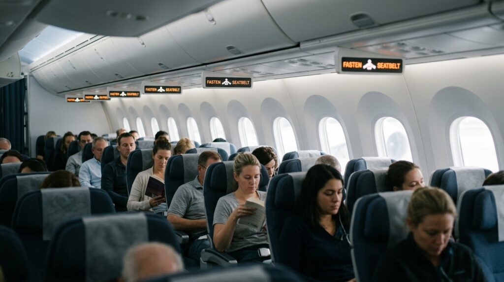 A fastened seatbelt and an upright seat back — the passenger version of the brace position