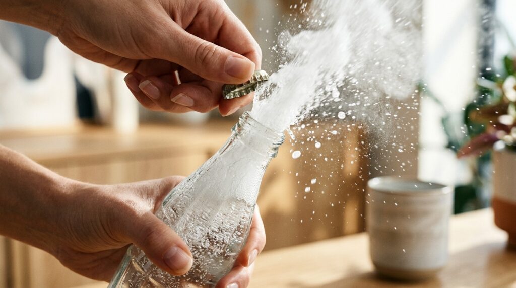Soda — a simple model of a volcanic eruption: pressure builds until it finds an outlet. Photo.