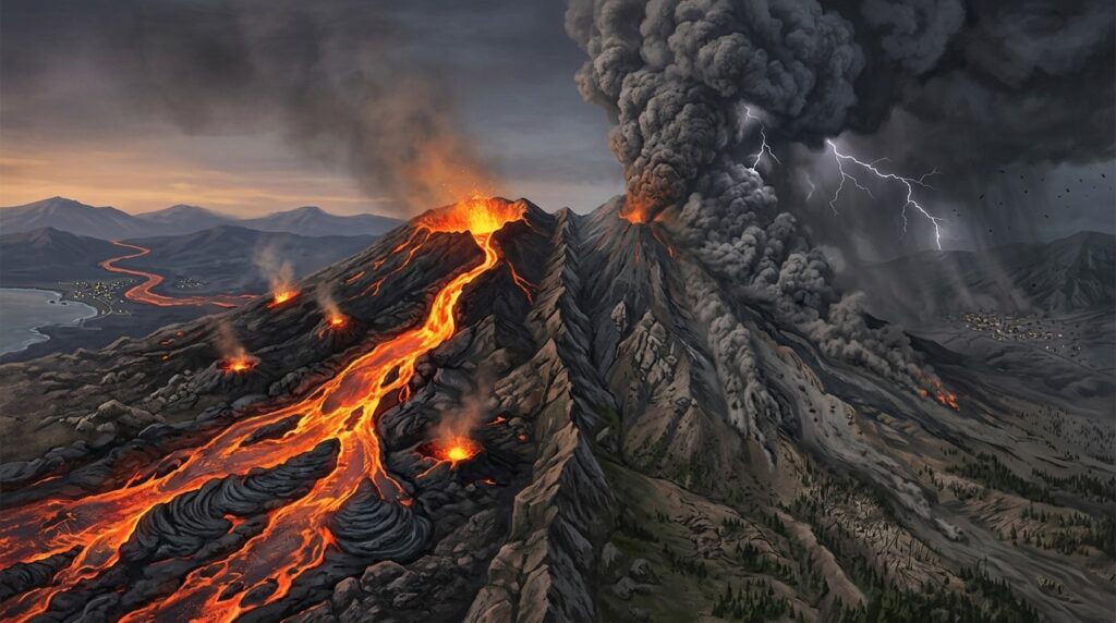 Two types of eruptions: calm lava flow and a powerful explosion with an ash cloud. Photo.