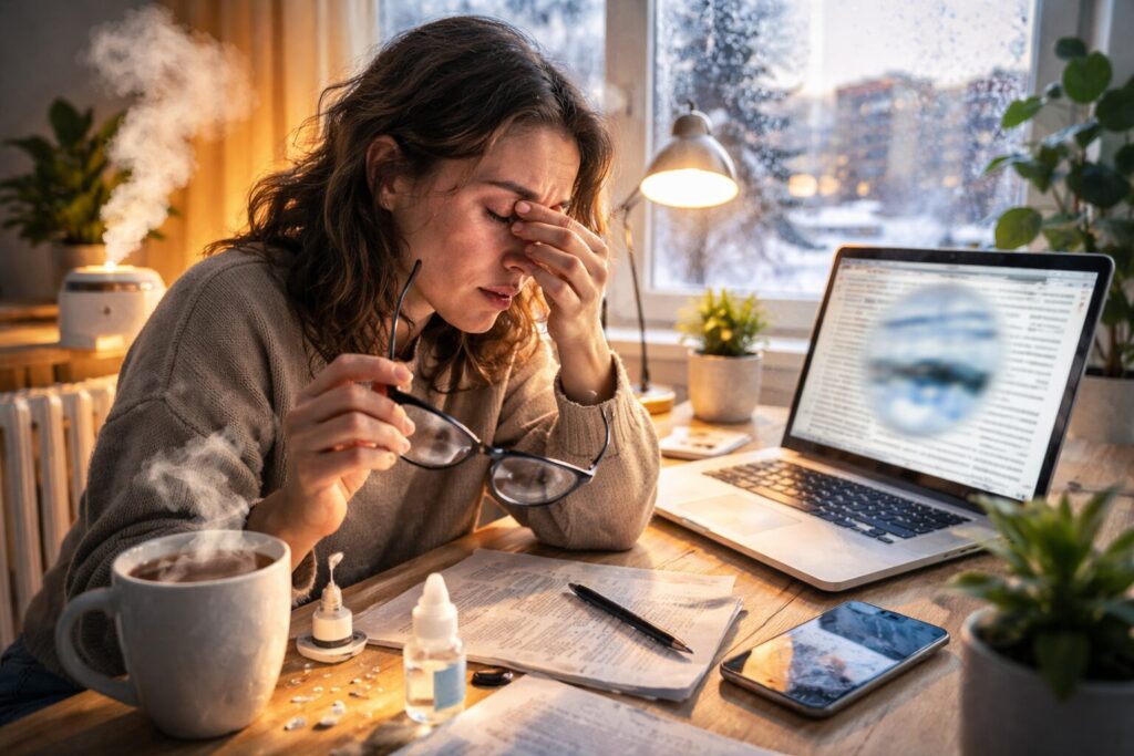 Why Do Eyes Get Tired and Dry After Winter. After winter, eyes may dry out more often, get tired, and experience temporary blurriness. Why Do Eyes Get Tired and Dry After Winter. After winter, eyes may dry out more often, get tired, and experience temporary blurriness. Photo.