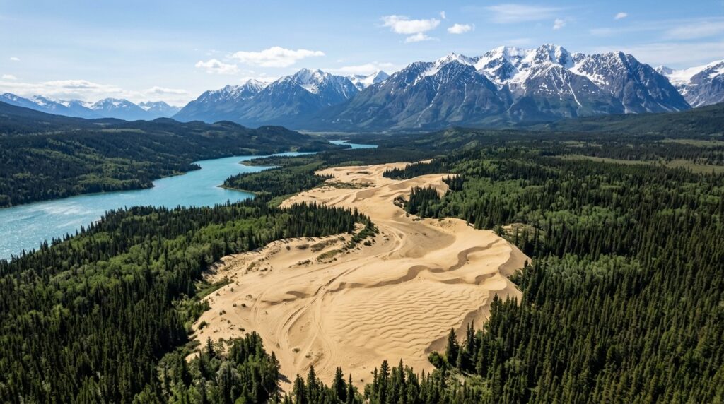 Carcross sand dunes against the backdrop of snow-capped mountains and coniferous forests of Yukon. Photo.