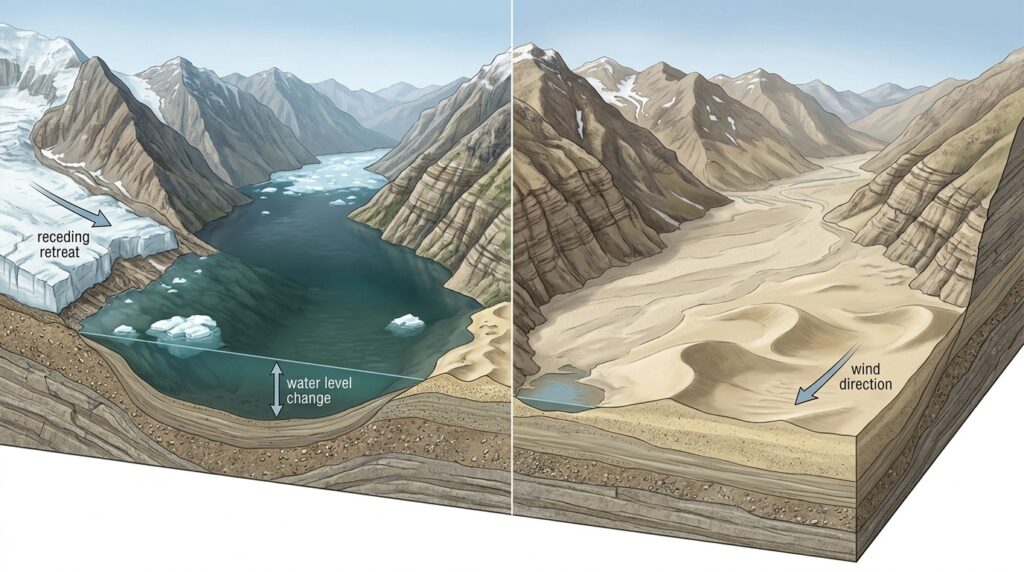 Diagram of dune formation: a glacial lake retreats, exposing sandy deposits. Photo.