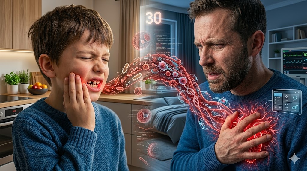 Childhood Cavities Linked to Heart Disease — Risk Up to 45% Higher. A child's dental health may predict heart health, but the effects only show up about 30 years later. Childhood Cavities Linked to Heart Disease — Risk Up to 45% Higher. A child's dental health may predict heart health, but the effects only show up about 30 years later. Photo.