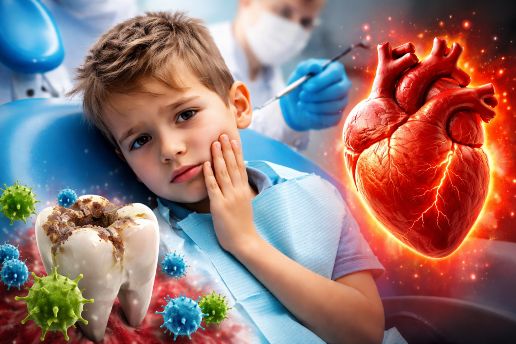 How Childhood Cavities Are Linked to Heart Disease in Adulthood. Children with severe cavities or significant gum inflammation have a substantially higher risk of developing cardiovascular disease, heart attacks, and strokes in adulthood compared to children with healthy teeth. How Childhood Cavities Are Linked to Heart Disease in Adulthood. Children with severe cavities or significant gum inflammation have a substantially higher risk of developing cardiovascular disease, heart attacks, and strokes in adulthood compared to children with healthy teeth. Photo.