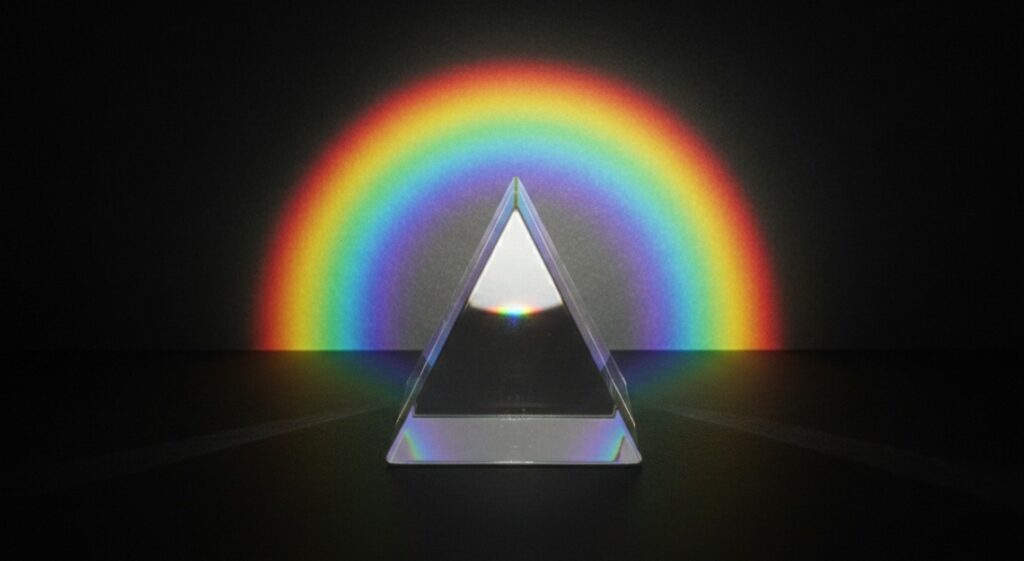 What Color Is Sunlight. A prism clearly shows: white light is simply all the colors of the rainbow traveling together. Photo.