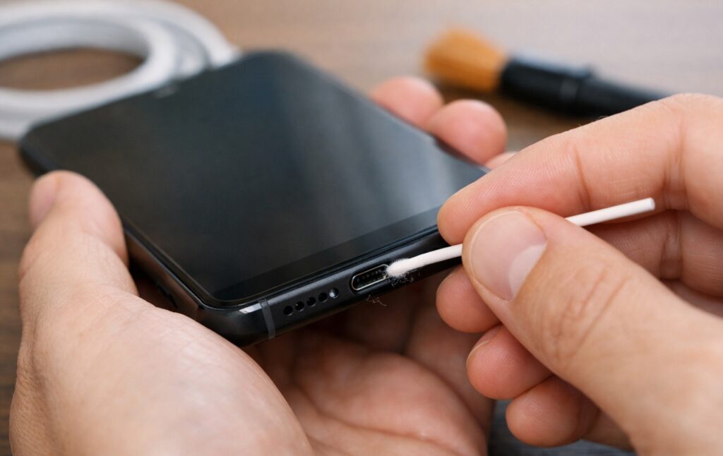 Checking the Phone's Charging Port. Cleaning the port certainly won't hurt. Photo.