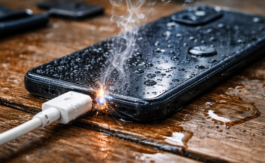 Can You Charge a Wet Smartphone. You shouldn't plug a wet smartphone into a charger. Can You Charge a Wet Smartphone. You shouldn't plug a wet smartphone into a charger. Photo.