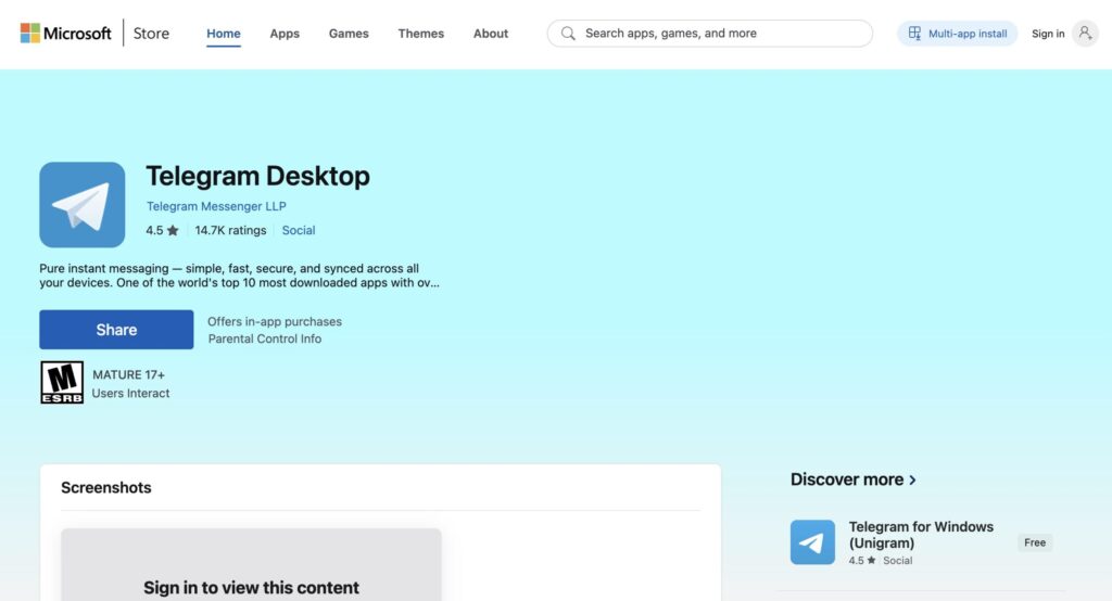 How to install Telegram on a computer via Microsoft Store. The app is available in Microsoft Store, and some may find it more convenient to install it from there. Photo.