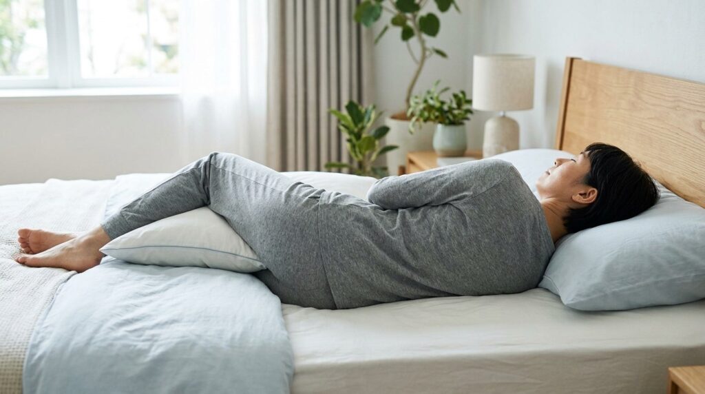 A pillow between the knees helps align the spine when sleeping on your side. Photo.