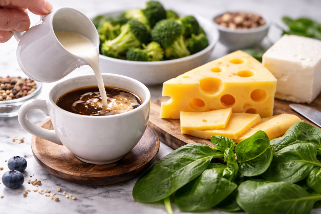 Coffee + Calcium-Rich Foods. Foods with diuretic properties (coffee, tea, and alcohol) generally reduce the level of available magnesium in the blood. Photo.