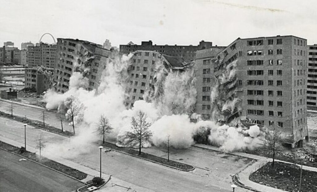 Demolition of one of the Pruitt-Igoe buildings. Image source: wikipedia.org