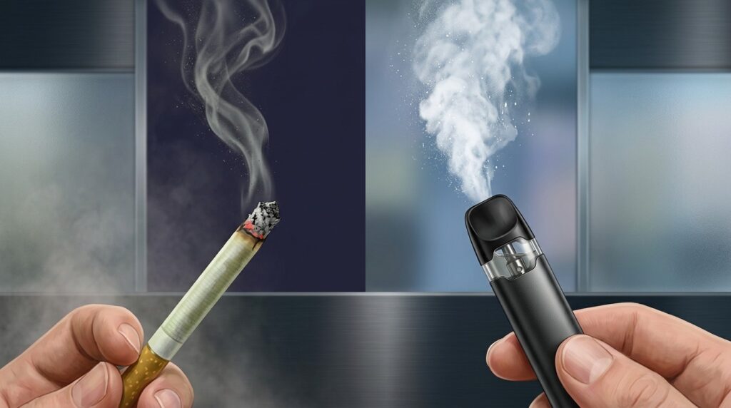 Comparison of a regular cigarette and an e-cigarette: the mechanisms of harm differ. Photo.
