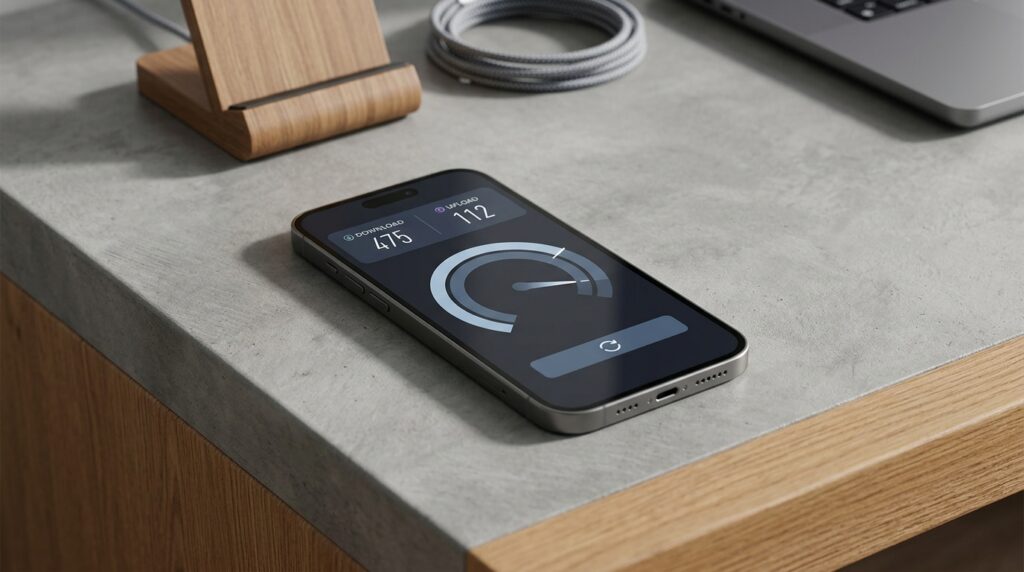Internet speed measurement app on a smartphone screen