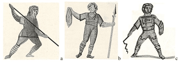 Flat chests of other figures on the mosaic (clearly male). (a) Loriquet, 1862: plate IX, No. 13. (b) Loriquet, 1862: plate XII, No. 21. (c) Loriquet, 1862: plate XVI, No. 33. Image source: tandfonline.com.