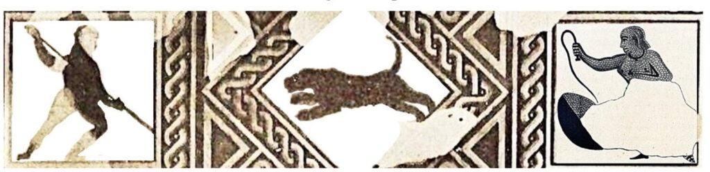 Fragment of the mosaic depicting a hunter with a pole, a leopard, and a woman. Image source: tandfonline.com.