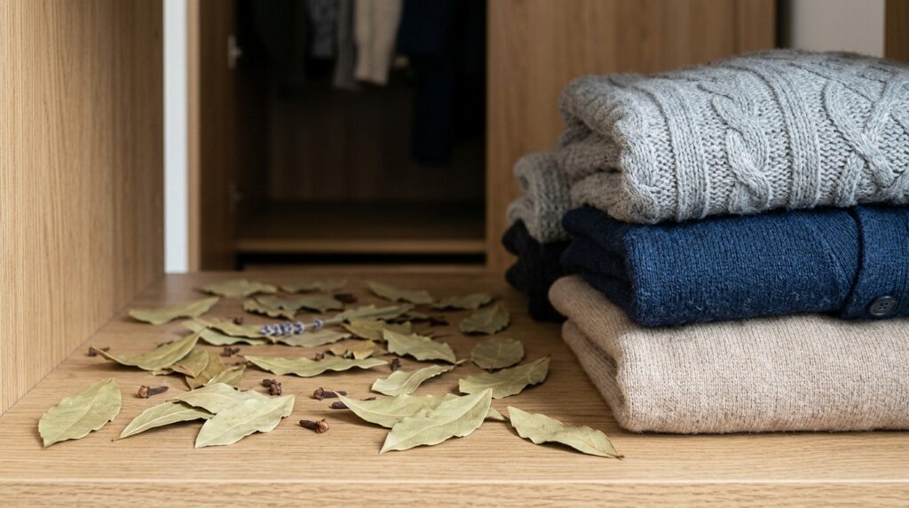 Bay leaves on a wardrobe shelf next to woolen clothes. Photo.