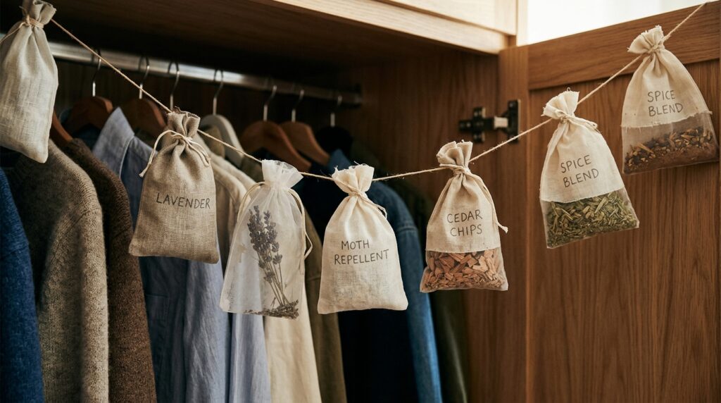 Herb sachets in a wardrobe — a simple way to protect clothes. Photo.