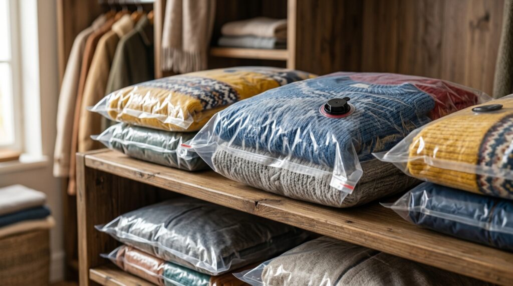 Vacuum bags save wardrobe space but are not suitable for all fabrics. Photo.