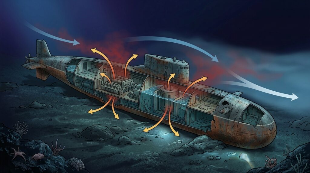 Schematic depiction of radioactive substance leakage from a sunken submarine