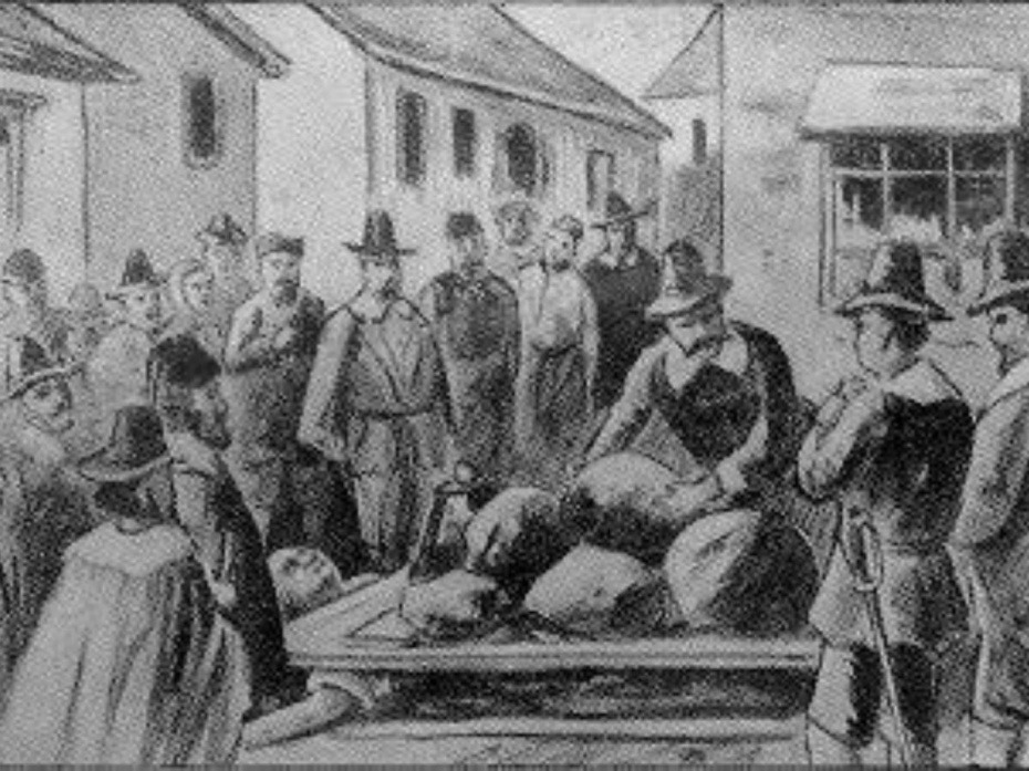The execution of Giles Corey in Salem. Photo.