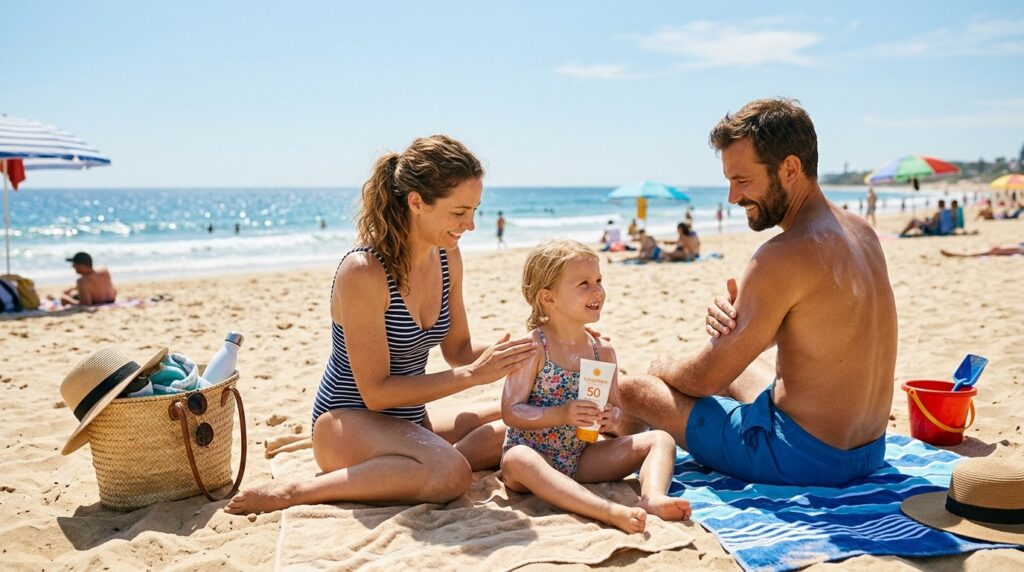 A family applying sunscreen at the beach. Photo.