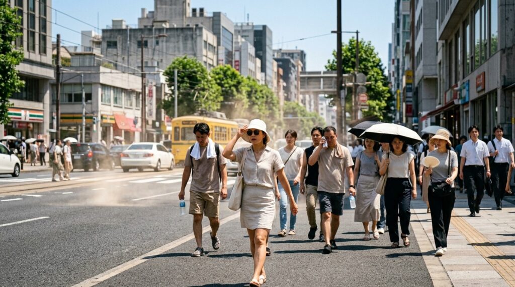 A scorching city street in the summer heat. Photo.