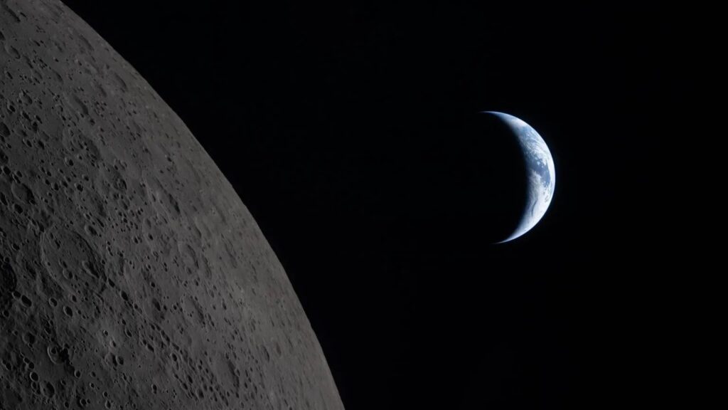 This photo was taken by the Artemis II crew during the lunar flyby, approximately six minutes before Earth set behind the Moon. The lines of small depressions on the rugged lunar surface are chains of secondary craters.