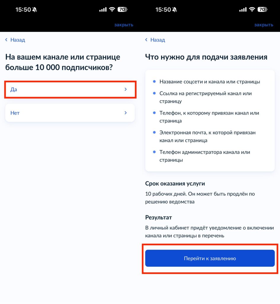 Submitting a registration application for a Telegram channel via Gosuslugi. Next you will need to specify the name and link to the channel. Photo.