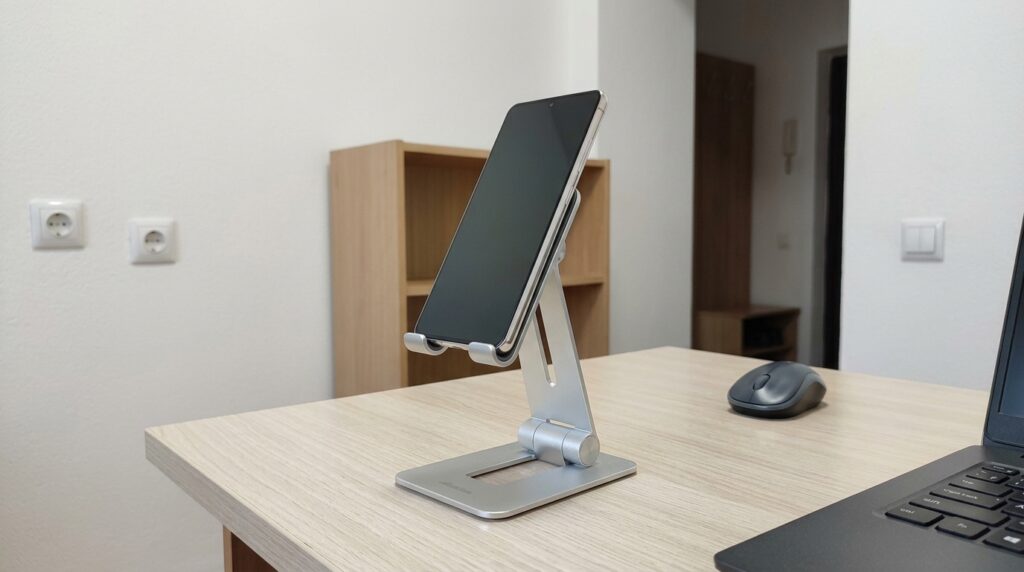 Aluminum iPhone Stand — It's Been on My Desk Since Fall. Sits on my desk next to the monitor — holds the iPhone rock solid. Photo.