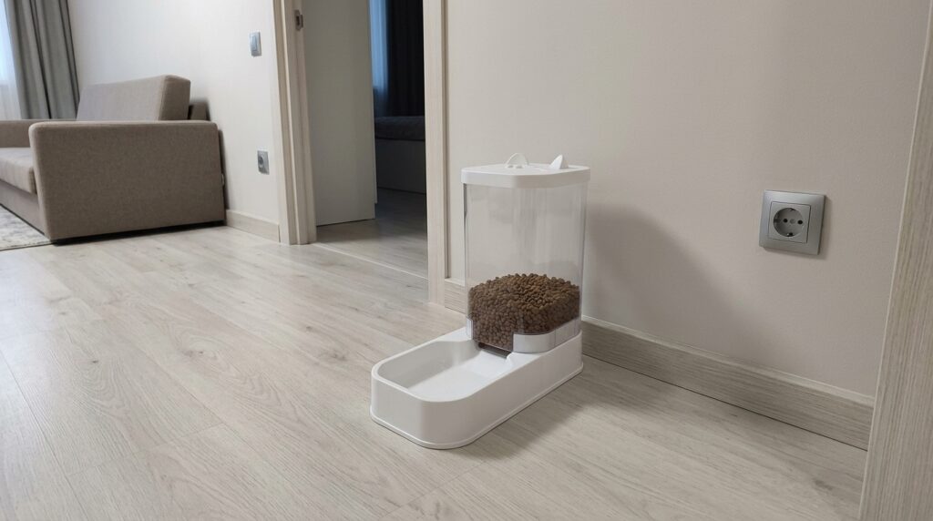 Automatic Cat Feeder — No Electronics, Works on Its Own. Filled up the food, went to the countryside — cat's happy, conscience clear. Photo.