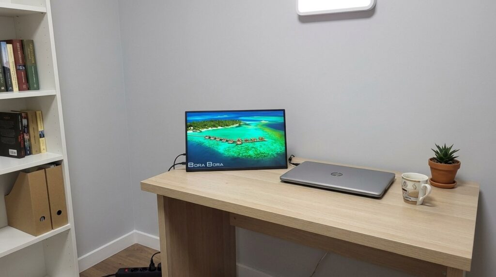 Additional monitor for working on a MacBook. You can set up a dual-monitor workspace. Photo.