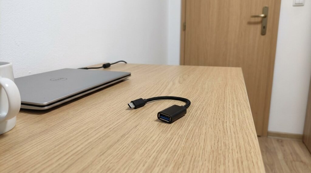 USB-C to USB-A adapter for connecting flash drives and printers. A small adapter that's convenient to carry with you. Photo.
